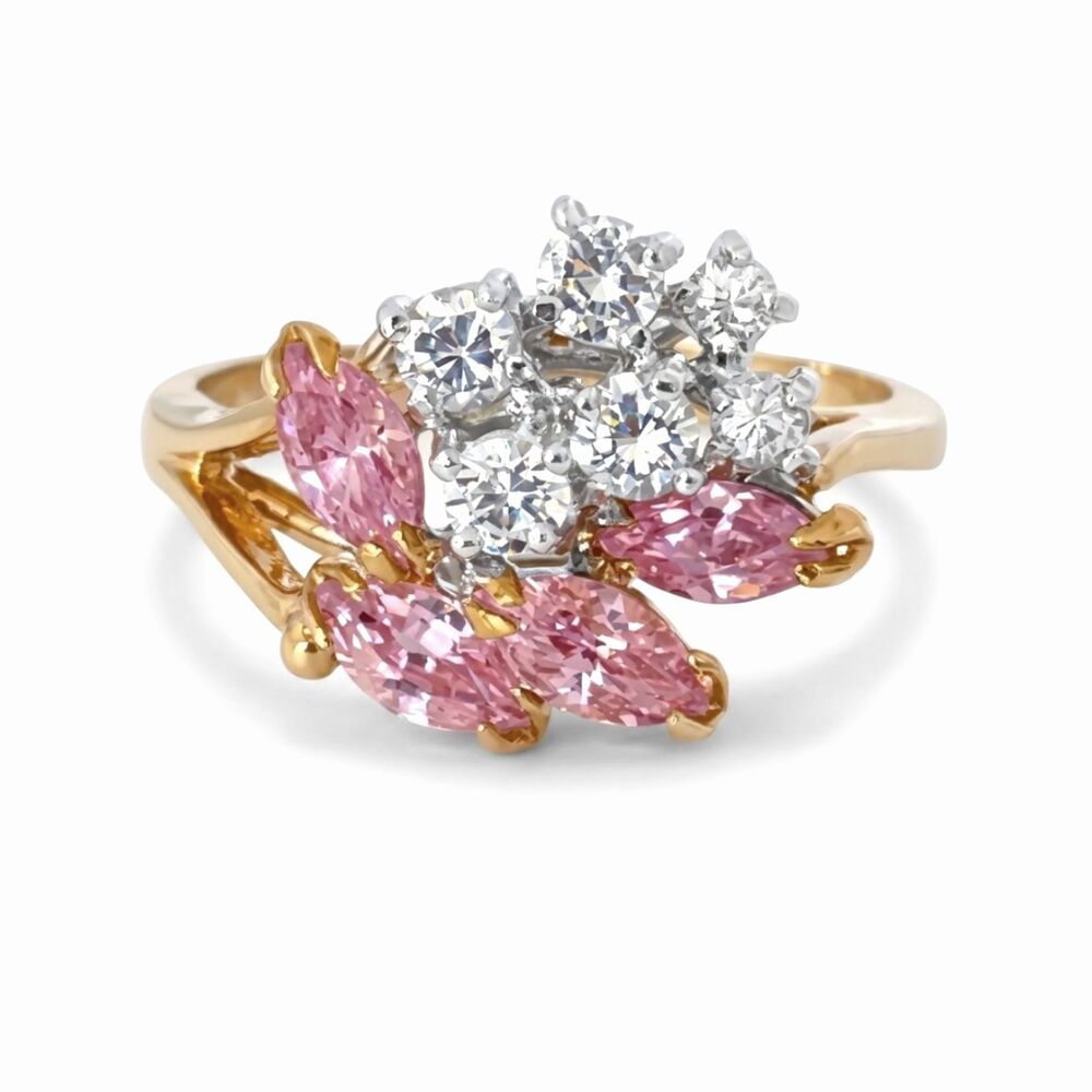 Vintage 1970s Ring Size 9 Pink CZ Marquise Cluster Spray Gold Plated - 14L